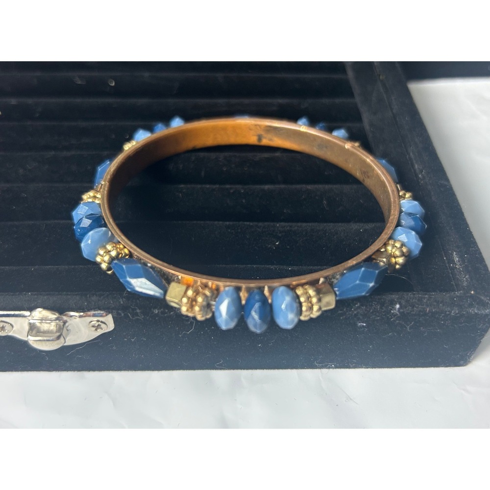 Boho Blue Beaded Bangle Bracelet Gold‎ Tone Statement Cuff